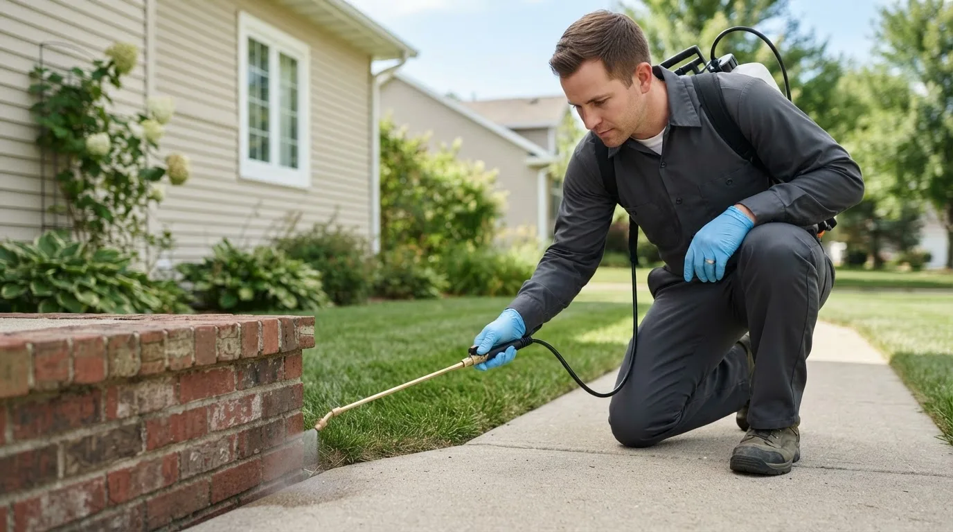 Pest control technician treating a home near Goshen, VA